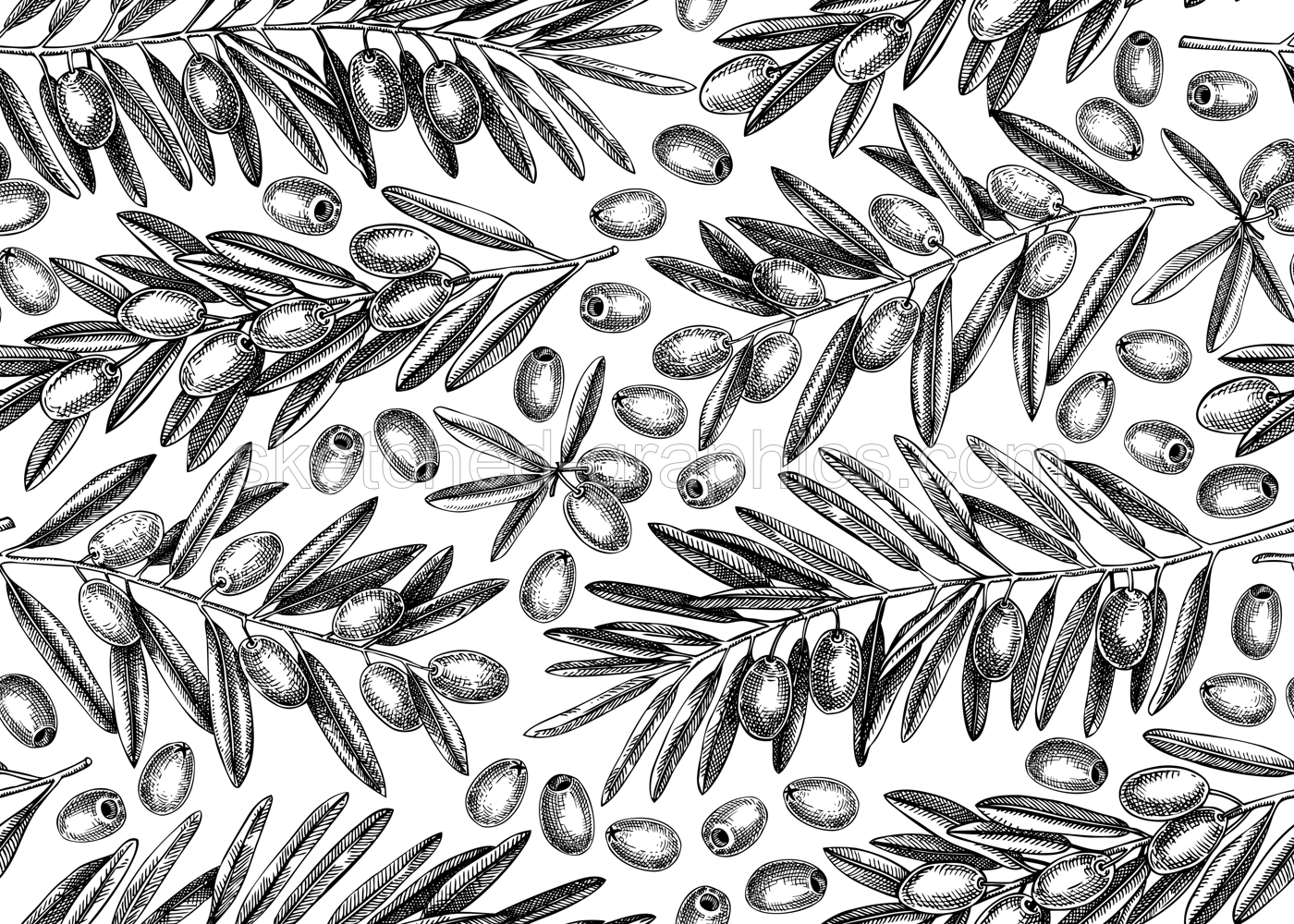 Olive branch seamless pattern. Vector background with leaves and fruits sketches in vintage style. Vegetable oil ingredients texture. Olive plant illustration for print or packaging design Illustration